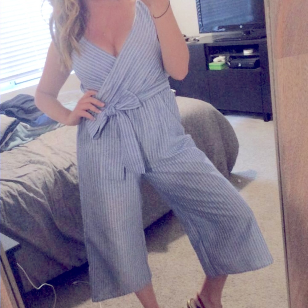 Blue and white striped jumpsuit